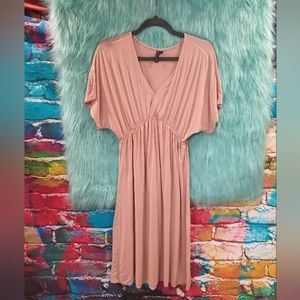 Tranquilit Tan Short Sleeve V Neck Empire Elastic Waist Dress Size L